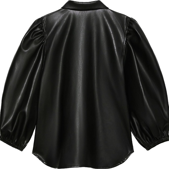 ZARA Black Puffed Sleeve Faux Leather Shirt Blouse - Picture 4 of 6